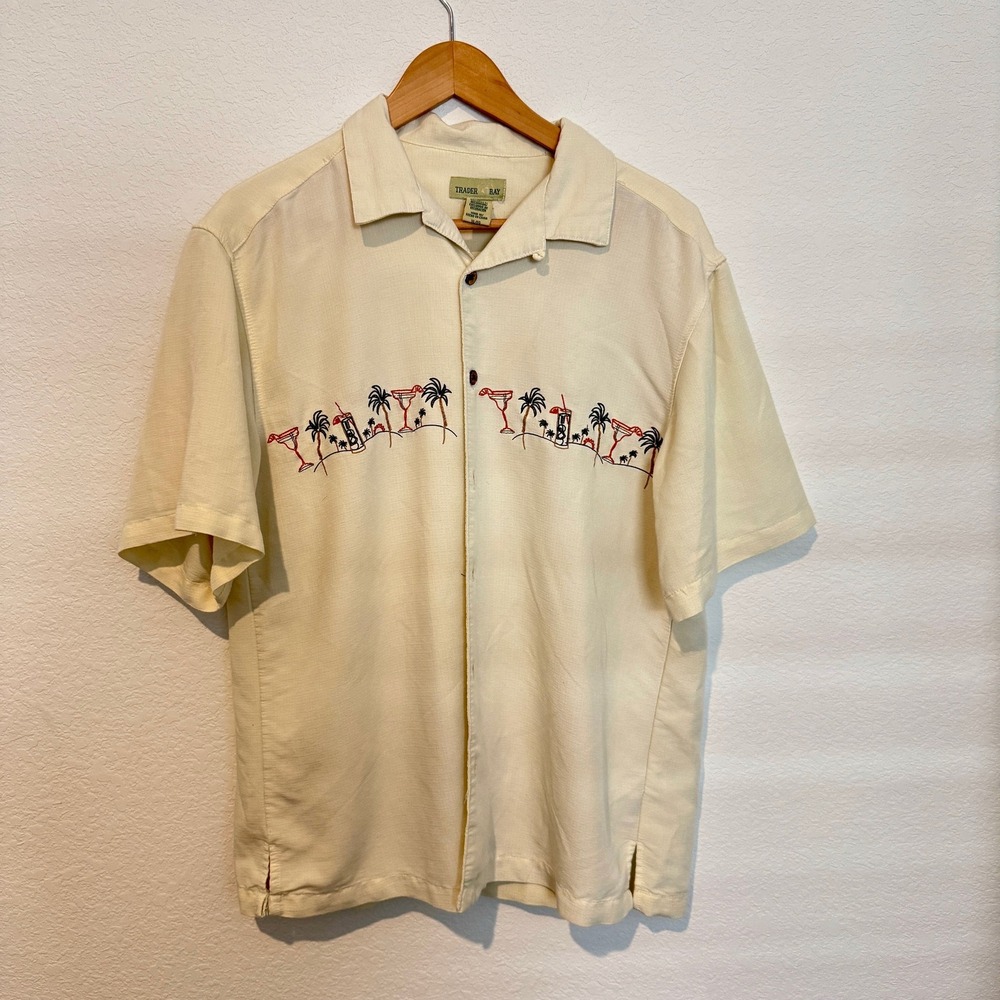 Trader Bay Men XL Hawaiian Shirt Cream Embroidered Cocktail Palm Tree Camp Rayon